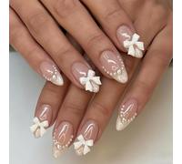 24 Pieces 3D Press On Nails Almond - Stick on Nails for Women with Pearl and White Bow - French Tip False Nails- Full Cover Almond False Nail Tips - Perfect Nail Art for Women