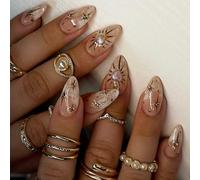 24 Pieces Almond French Tip False Nails Glossy Star Moon Sun Designs Acrylic Full Covers Press On Nails For Women Elegant Nail Tips