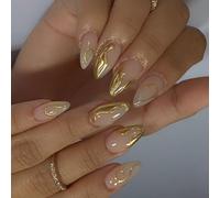 24 Pieces Almond Press On Nails Short False Nails Full Covers Glossy Acrylic With Gold Line Designs Nails Accesories