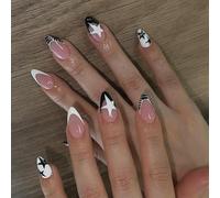 24 Pieces Almond Shape False Nails Stars Press On Nails French Acrylic Shiny Covers Stick On