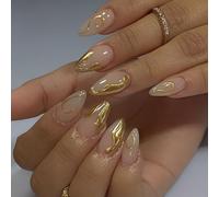 24 Pieces Almond Short False Full Covers Glossy Acrylic with Gold Line Designs Accesories Almond Press on