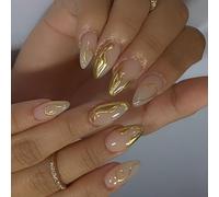 24 Pieces Almond Short False Full Covers Glossy Acrylic with Gold Line Designs Accesories Wear Nails