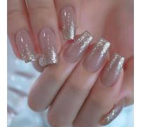 24 Pieces Ballet False Nails With Glitters French Tips Full Covers Glossy Stick On Manicure Artificial Art Elegant Nail Tips