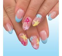 24 Pieces Blue French Lace False Nails Short Oval Design Fish Art for Holiday Party Quick Wear False Hooves