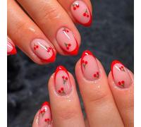 24 Pieces Cherry Red French Tip Press on Nails - Short Almond False Nails with Red Cherry Design, 12 Sizes Adjustable, Eco-Friendly ABS Material, Easy to Apply Fake for Women