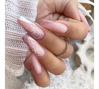 24 Pieces Christmas False Nails with Glue - 12 Sizes Christmas Press on Nails - Long Coffin Glitter Pink Fake Nails with Snowflake Patterns - Elegant Full Cover Square Christmas Nails for Women Girls