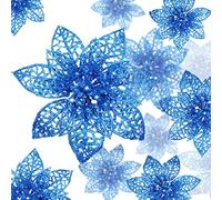 24 Pieces Christmas Poinsettia Glitter Christmas Tree Ornament Christmas Flowers Decor (Blue)
