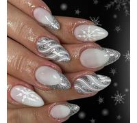 24 Pieces Christmas Press-On Nails Sequins Silver Design False Nails For Party Christmas Theme Salon Holiday Party False Hoofs