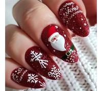 24 Pieces Christmas Theme Glitter Santa Snowflake Design Short Oval False Claws Festive Styling for Christmas Party Nail