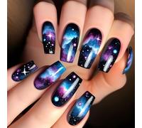 24 Pieces Colourful Star Clouds Glue On Nails Shiny Full Covers False Nails Stylish Press On Nails Manicure Supplies