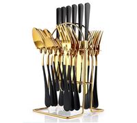 24 Pieces Cutlery Set with Holder, Stainless Steel Knife Fork Spoon Flatware Set, Gold Mirror Polishing Flatware Set Service for 6, Hanging Cutlery Set with Stand (Black Gold)