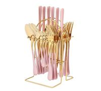 24 Pieces Cutlery Set with Holder, Stainless Steel Knife Fork Spoon Flatware Set, Gold Mirror Polishing Flatware Set Service for 6, Hanging Cutlery Set with Stand (Pink Gold)
