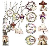 24 Pieces Easter Day Wooden Hanging Ornament He is Risen Wooden Signs Easter Christ Jesus Wooden Hanging Ornaments Religious Gifts Hanging Jesus Cross Ornament for Easter Day Religious Vintage Decor