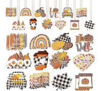 24 Pieces Fall Pumpkins Hanging Ornaments for Trees - Buffalo Plaid Wooden Signs Autumn Maple Leaves Wood Cutout for Thanksgiving Day Party Favors