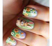 24 Pieces False Nails Short Square Styles Press Ons with Unique Spring Floral Designs Stick on Manicure Decoration Tips