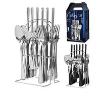 24 Pieces Flatware Set, Stainless Steel Utensils Cutlery Set Modern Eating Tableware Set with Holder Includes Dinner Forks Spoons Hanging Silverware Set Service for 6 Person