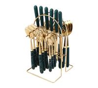 24 Pieces Flatware Set with Holder Cutlery Set with Knives Forks Spoons Coffee Spoons Cutlery Set Service for The Daily Needs of The Family, Golden (Dark Green Handle with Gold Edge)
