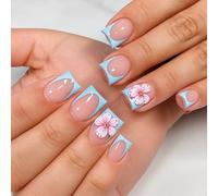 24 Pieces Floral Nail Stickers Blue French Tip Press on Nails Short Square False with Unique Geometric - Floral Hybrid Design for Fashion Enthusiasts (Flower Accent Nails)