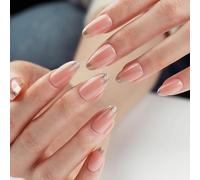 24 Pieces French False Nails Almond Shape with Glitter Finished Nails Stick for Wmen Almond Press on Nail