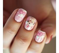 24 Pieces French Styles Artificial Nails With Rabbits Designs Short Square Press On Nails Manicure Nails Art For Women