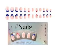 24 Pieces French Tip Press on Short Fake Nails - Fake Nails | Almond Full Cover Tip Decor Flag Star Beauty Care for Date Spring Wedding | Almond Star America Flag Nude False Full Cover Tip Decor