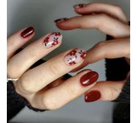 24 Pieces Glossy Press On Nails With Floral Designs Short Almond Shape False Nails For Wedding PartY Nails Accesories