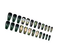 24 Pieces Gradients Green Black Long Square Press On Nails Coffin False Nails With Glossy Vintage Clock Pattern Designs Square Full Cover Nail