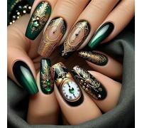 24 Pieces Gradients Green Black Long Square Press On Nails Coffin False With Glossy Vintage Clock