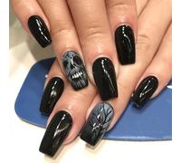 24 Pieces Halloween Fake Square Nails Black Skeleton Dead Tree Removable Glue Free