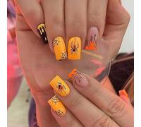 24 Pieces Halloween False Nails Short Square French Yellow Artificial Nails Glue with Flame Spider Design, Acrylic Stick on Nails Full Cover Press on Nails for Women