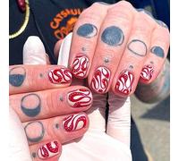 24 Pieces Halloween Short False Nails, Red French Glue Nails with Snake Design, Acrylic Stick on Nails Full Cover Artificial Press on Nails for Women and Girls Nail Art