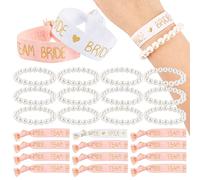 24 Pieces Hen Party Wristbands Set- 1 x Bride 11 x Team Bride 12 x Imitation Pearl Bracelets Hen Do Night Wedding Bachelorette Party Bridal Shower Supplies (White & Pink)