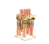 （24 Pieces） Imitation Marbled Ceramic Handle Kitchen Stainless Steel Silverware Tableware Flatware Cutlery Knives Forks Spoons Set for 6 People (Pink,A)