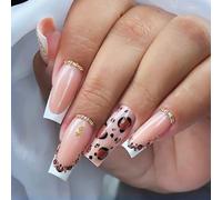 24 Pieces Leopards Press On Nails Long Square Stick On Glossy White French Tip Full Covers False For Party Beauty Accessories For Women