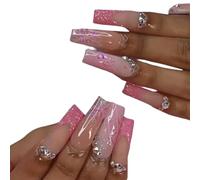 24 Pieces Long Press On Nails Acrylic Fake Full Cover French Tip Fake For Women Nail-Glue Include On Coffin On On Square Shape French Tip On Acrylic On