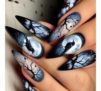 24 Pieces Long Press On Nails Goth False Nails With Crow Branch Moon Designs Full Covers Acrylic Nails For Women