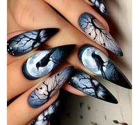 24 Pieces Long Press on Nails Goth False Nails with Crow Branch Moon Designs Full Covers Acrylic Nails for Women
