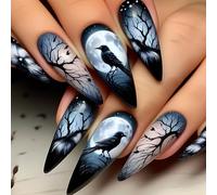 24 Pieces Long Press On Nails Goth False Nails With Crow Branch Moon Designs Full Covers Acrylic Nails For Women