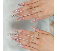 24 Pieces Long Square Press On Nails With 3D Bows and Rhinestones Designs False Nails Sparkling Stick on Nails