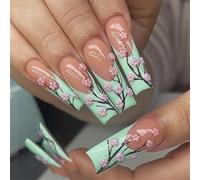 24 Pieces Long Square Press On Nails with Floral Pattern Ornament False for Various Occasions French Lace