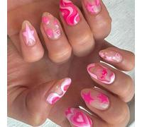 24 Pieces Manicure Nails Art Set Short Almond Press On Nails With Heart Designs Stick On Nails Full Covers False Nails