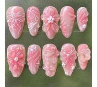 24 Pieces Medium Almond Fake Nails with 3D Pink Flowers Design - Cute Summer French Tip False Nails with Glue - Removable Pink Bow Stick on Nails Press on Nails for Nail Art Accessories