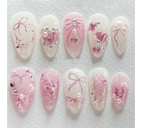 24 Pieces Medium Almond False Nails with 3D Bow Design - Cute White Pink Summer French Tip Fake Nails with Glue - Removable Stick on Nails Press on Nails for Nail Art Accessories