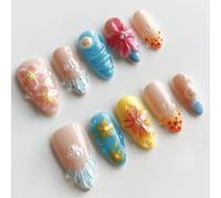 24 Pieces Medium Almond False Nails with 3D Flowers - Blue Pink Summer French Tip False Nails with White Pearl Design - Removable Stick on Nails Fake Nails with Glue for Nail Art Accessories
