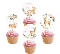 24 Pieces Oh Deer Cupcake Toppers for Girl, Pink Deer Baby Shower Decorations, Welcome Baby Cupcake Picks Cake Party Supplies
