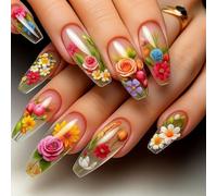 24 Pieces Press on Nails Almond 3D Aquarium Design Short False Nails with Unique Red Fish French Tip Stick on for Women Summer Art