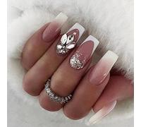 24 Pieces Press on Nails Glossy French False Nails Short Square Nail Tips Press on Nails with Designs Acrylic Full Cover False Nails for Women and Girls