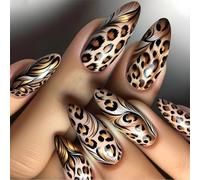 24 Pieces Press On Nails Long Almond Leopards Glossy False Nails Full Covers Stick On Winter Art Decoration Wedding Nail