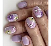 24 Pieces Press On Nails Short Square False Nails Floral French Tips Full Covers Manicure Designs For Women