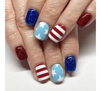 24 Pieces Press On Nails Short Square False Nails Manicure Decors With Glitters For Independence Day And More Acrylic Nail